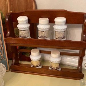 Vintage wooden spice rack & 5 milkglass labeled vtg jars from Vintage Home show